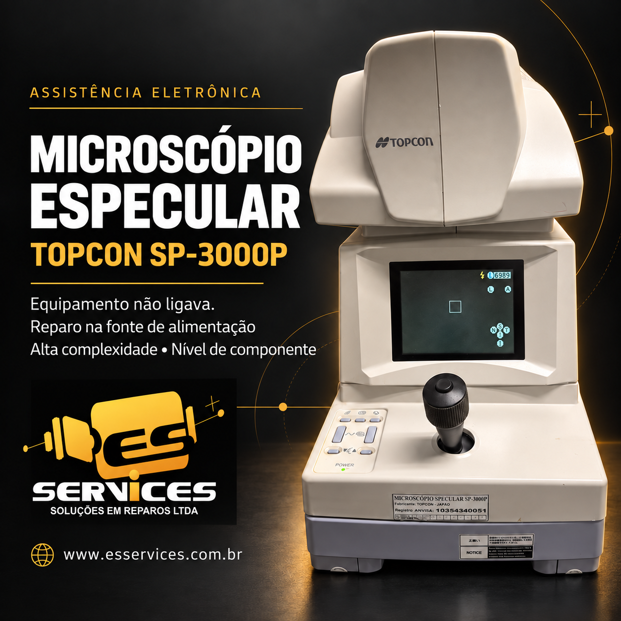Microscópio especular Topcon SP-3000P com reparo de alta complexidade na fonte de alimentação pela ESservices.