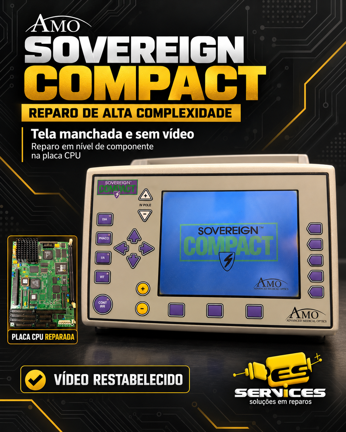AMO Sovereign Compact: reparo de tela manchada e ausência de vídeo